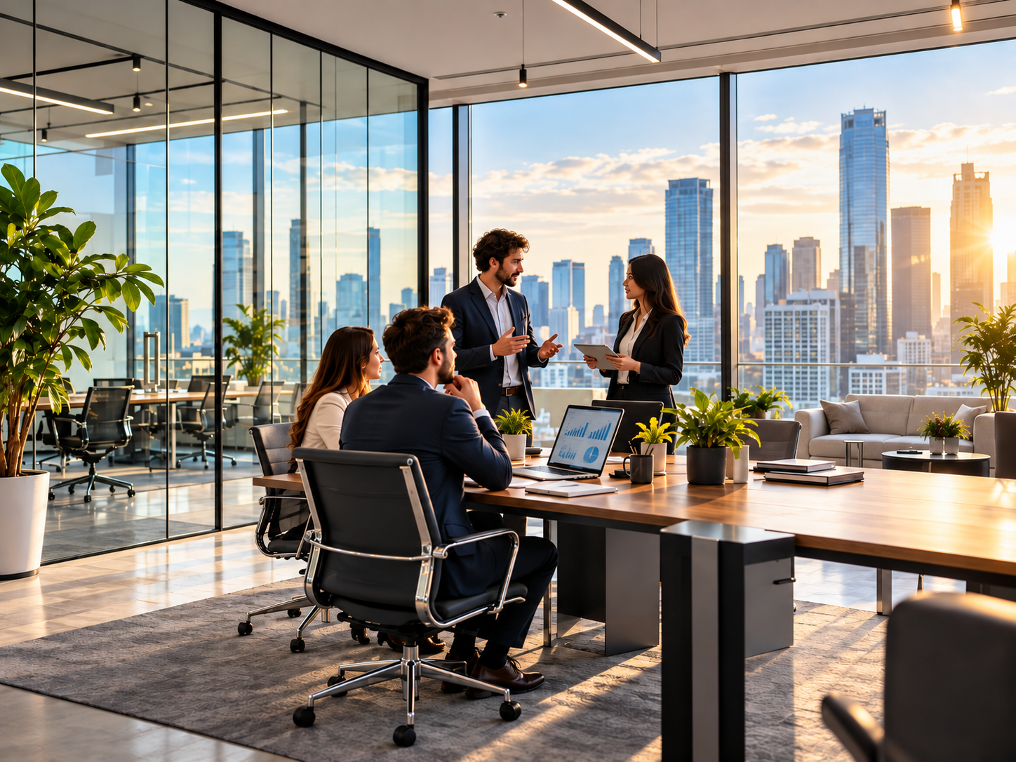 Une équipe échange autour d’une table dans un bureau vitré avec vue sur la ville