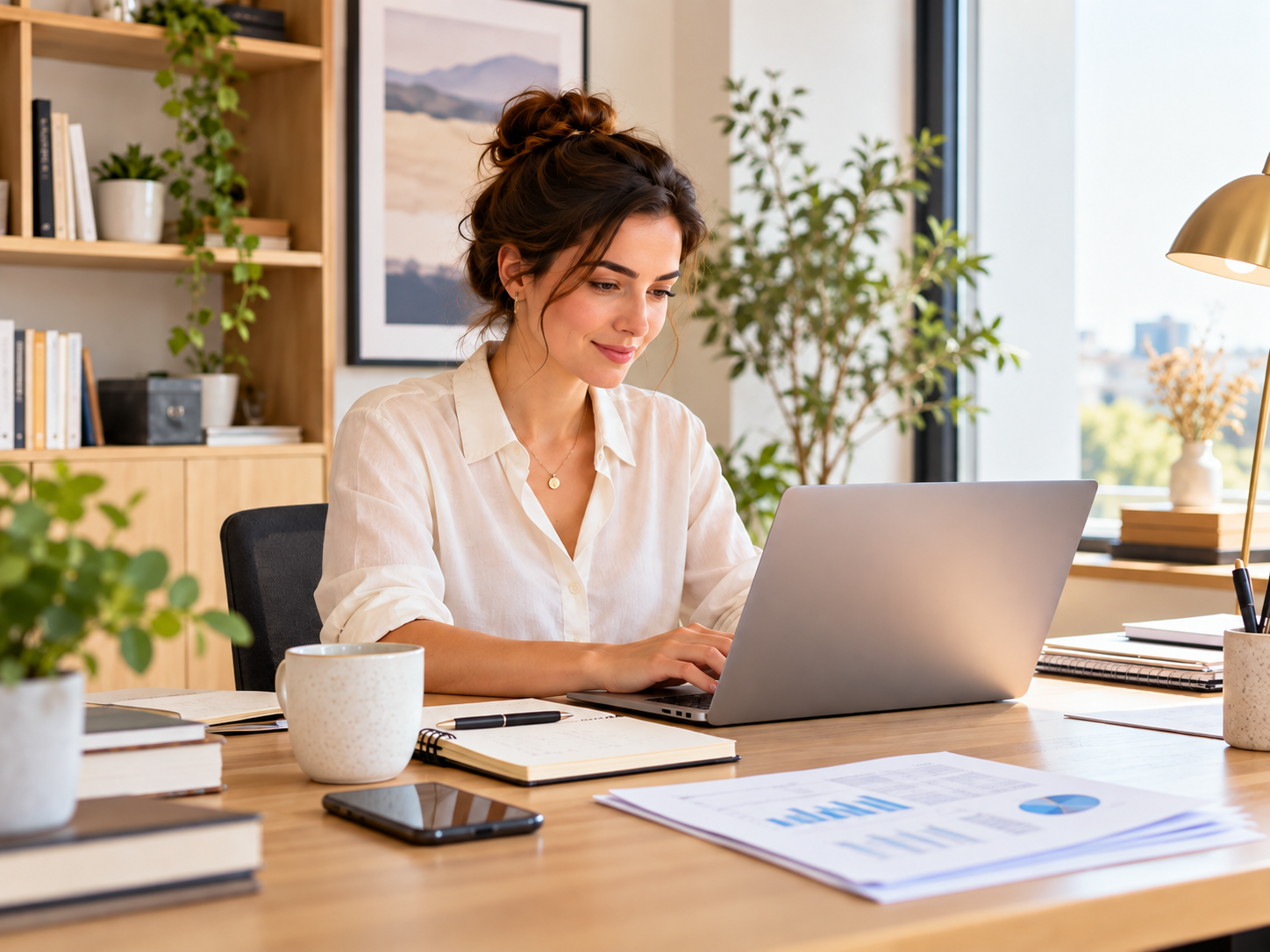 Une indépendante en blouse blanche travaille sur son ordinateur portable dans un bureau lumineux