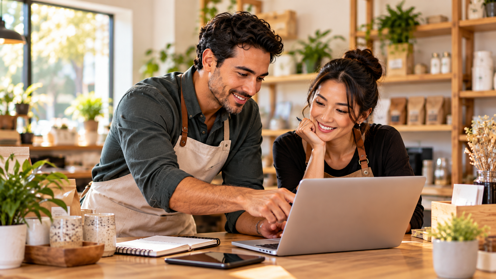 Un homme et une femme en tablier sourient devant un ordinateur portable au comptoir d’une boutique