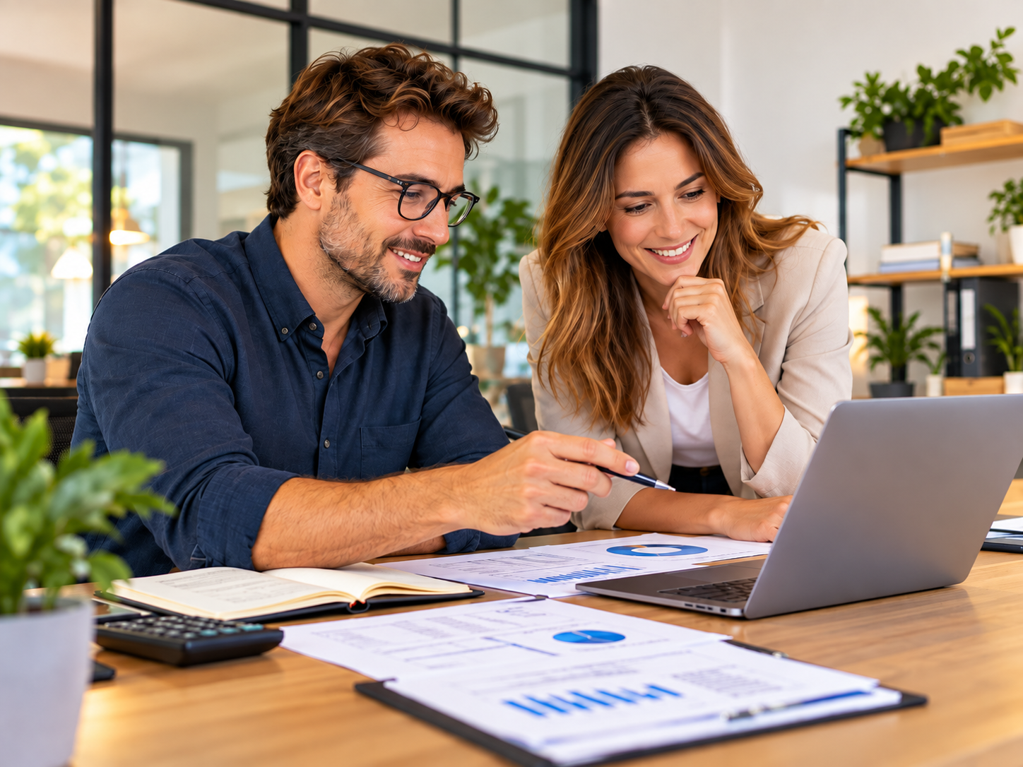 Un homme à lunettes et une femme en blazer beige sourient en consultant un ordinateur portable et des rapports comptables
