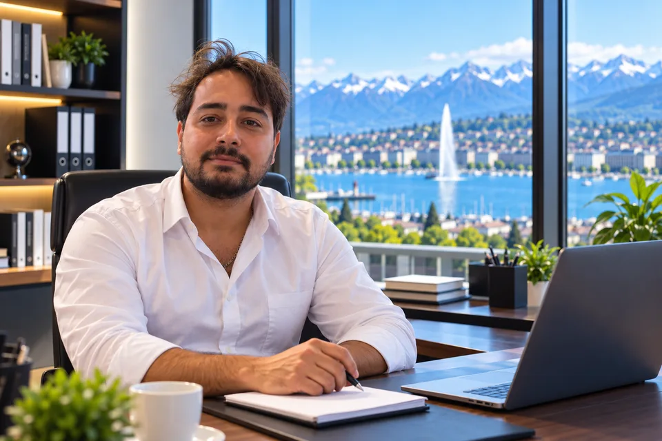 Portrait illustratif d’un conseiller à son bureau, avec vue sur le lac Léman et le Jet d’eau