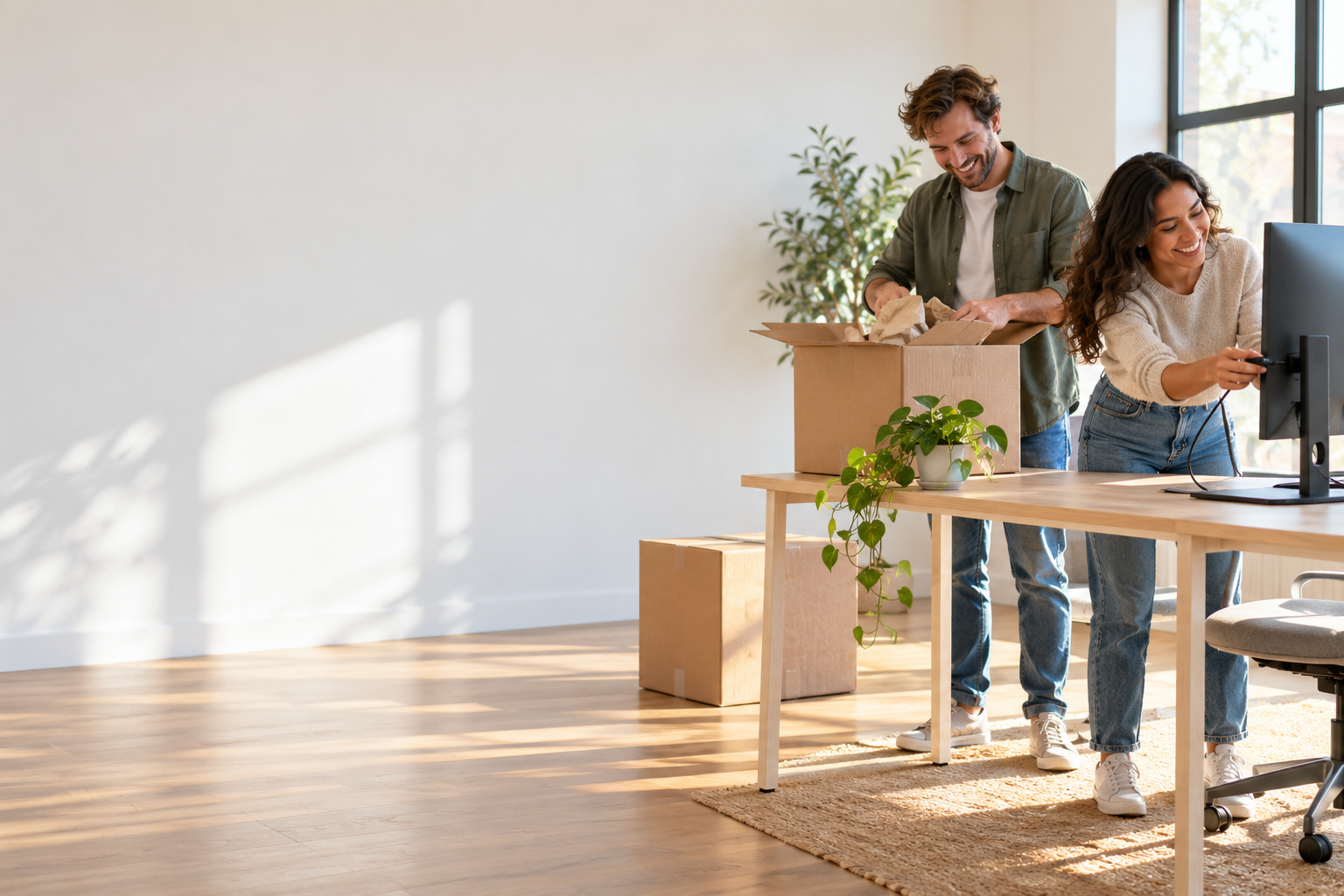 Deux entrepreneurs installent leur nouveau bureau lumineux : un homme en chemise verte déballe un carton, une femme aux cheveux bouclés branche un écran.