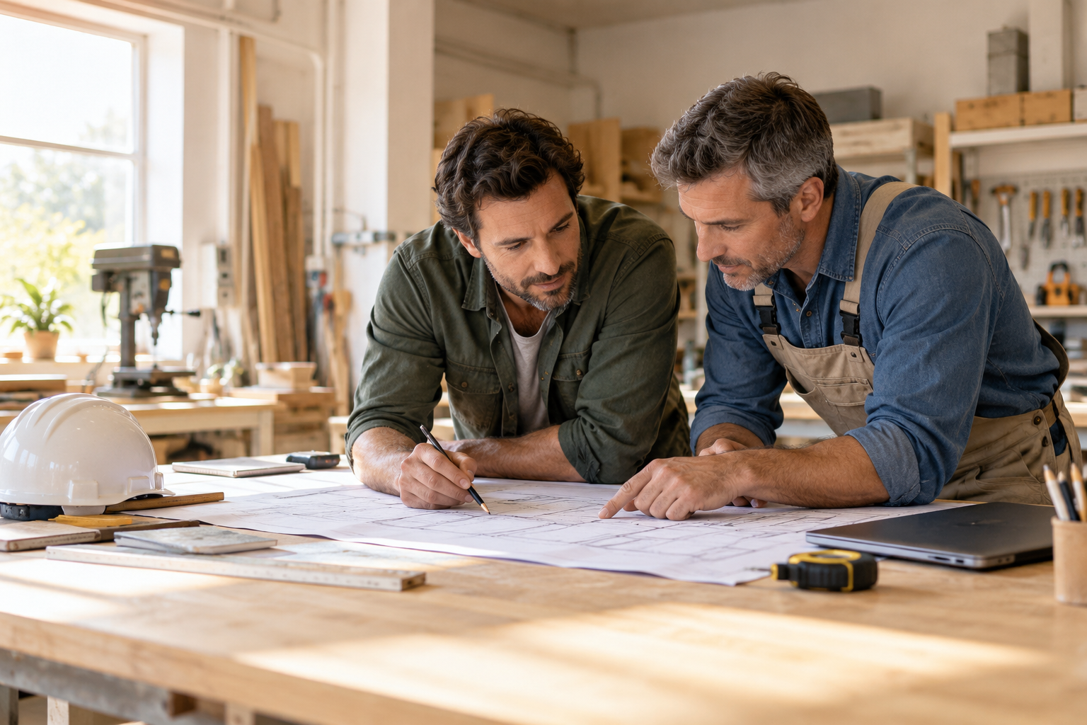 Deux associés consultent des plans dans leur atelier.