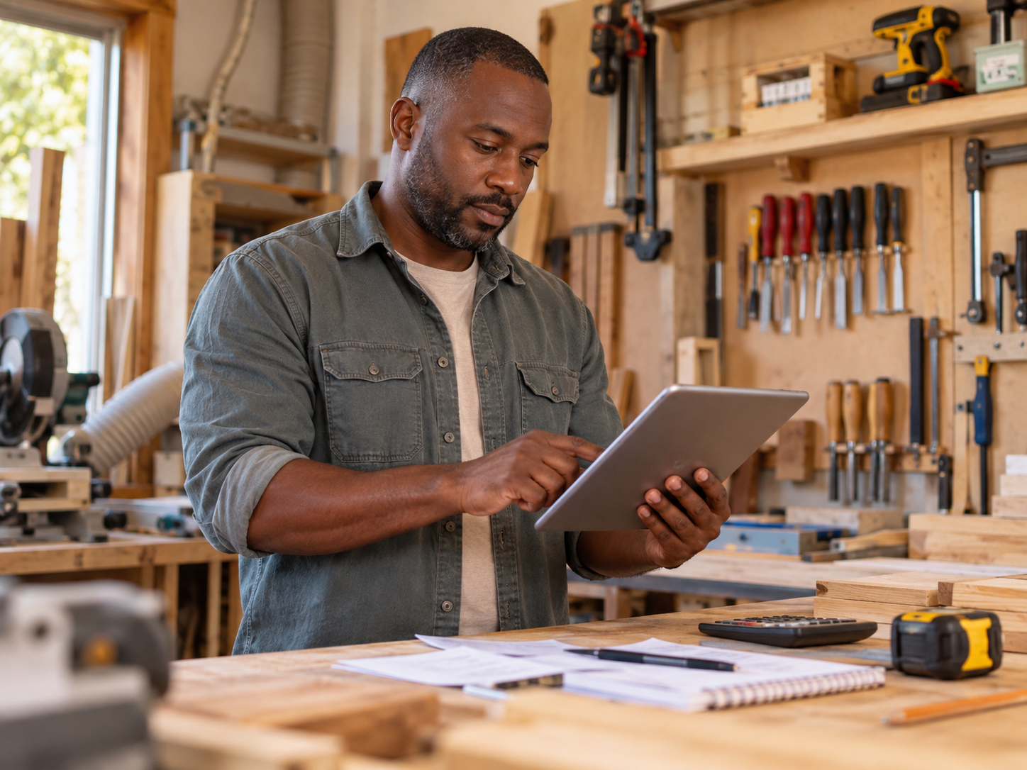Un artisan consulte une tablette dans son atelier, devant un établi et des outils de menuiserie