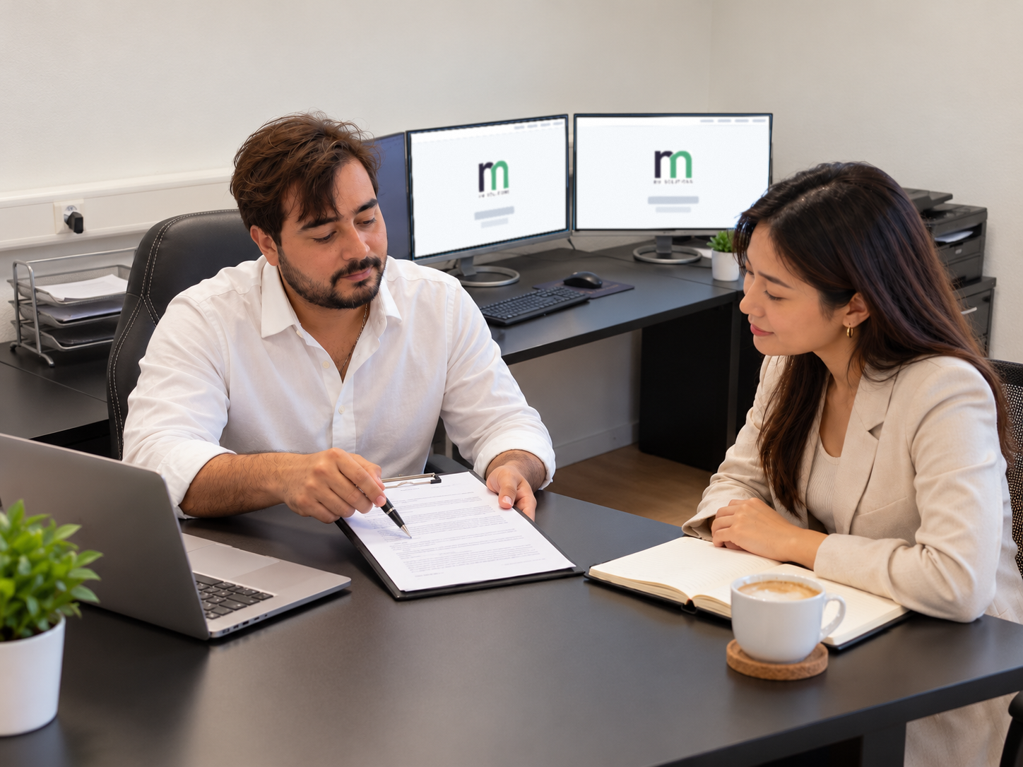 Conseiller RM Solutions expliquant un contrat d'assurance à une cliente