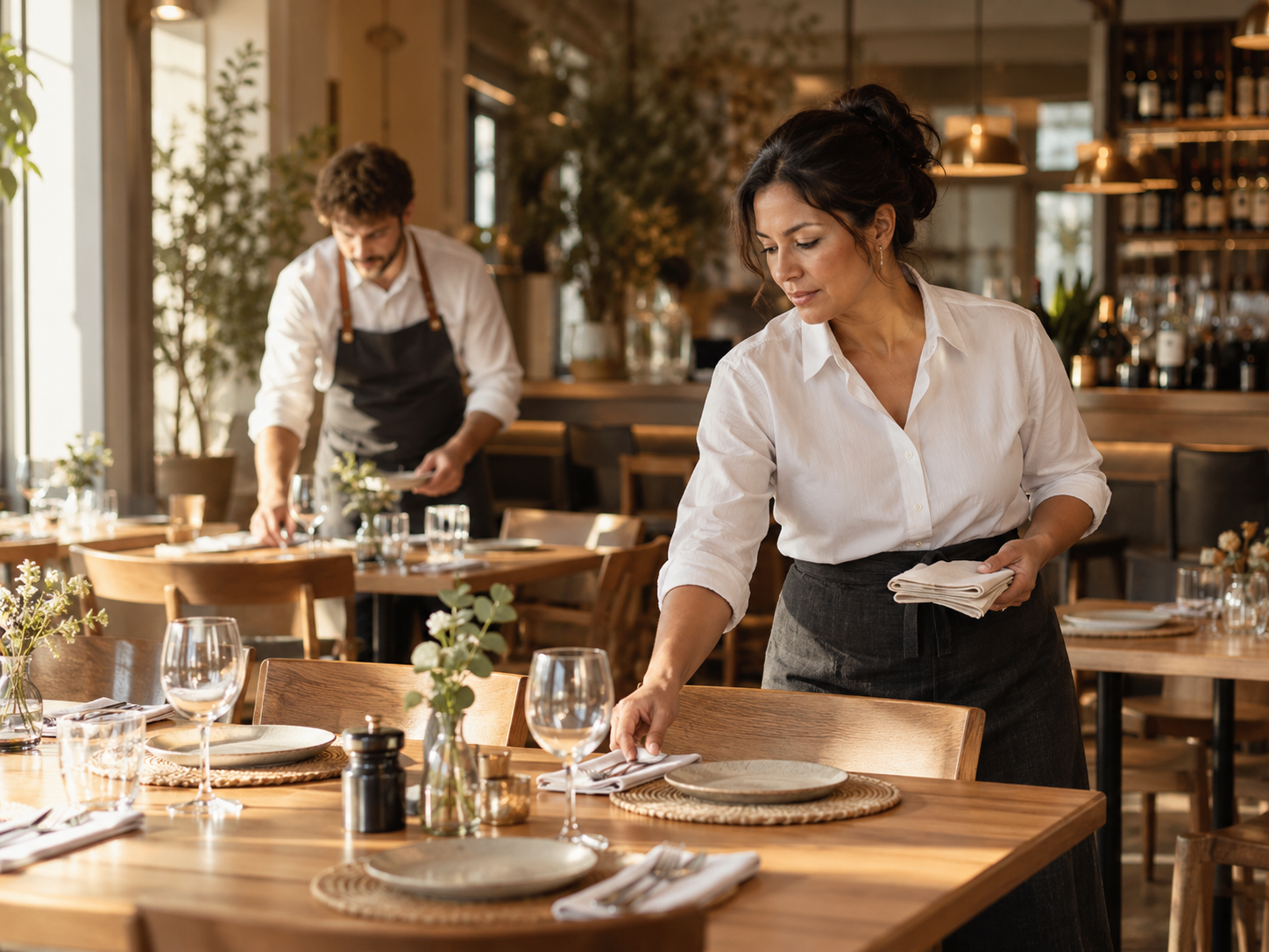 Une femme en chemise blanche et tablier dresse une table de restaurant, avec un collègue en tablier à l’arrière-plan