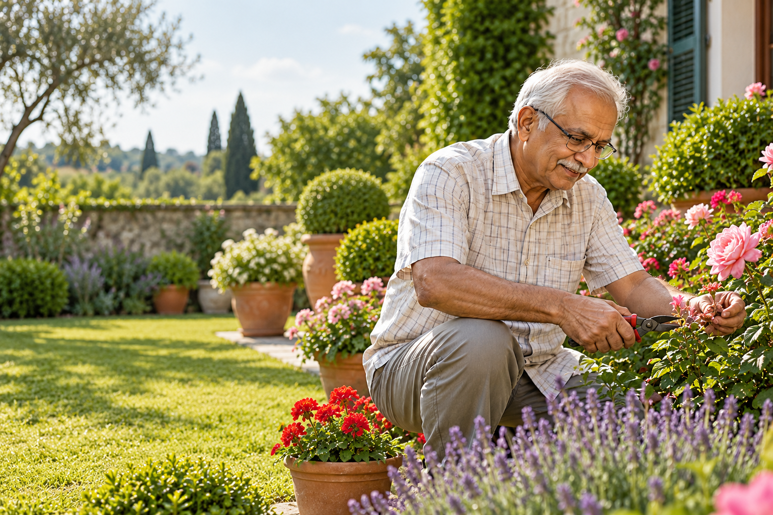 Un homme âgé aux cheveux gris et à lunettes taille des roses dans son jardin, entouré de lavande et d’un olivier