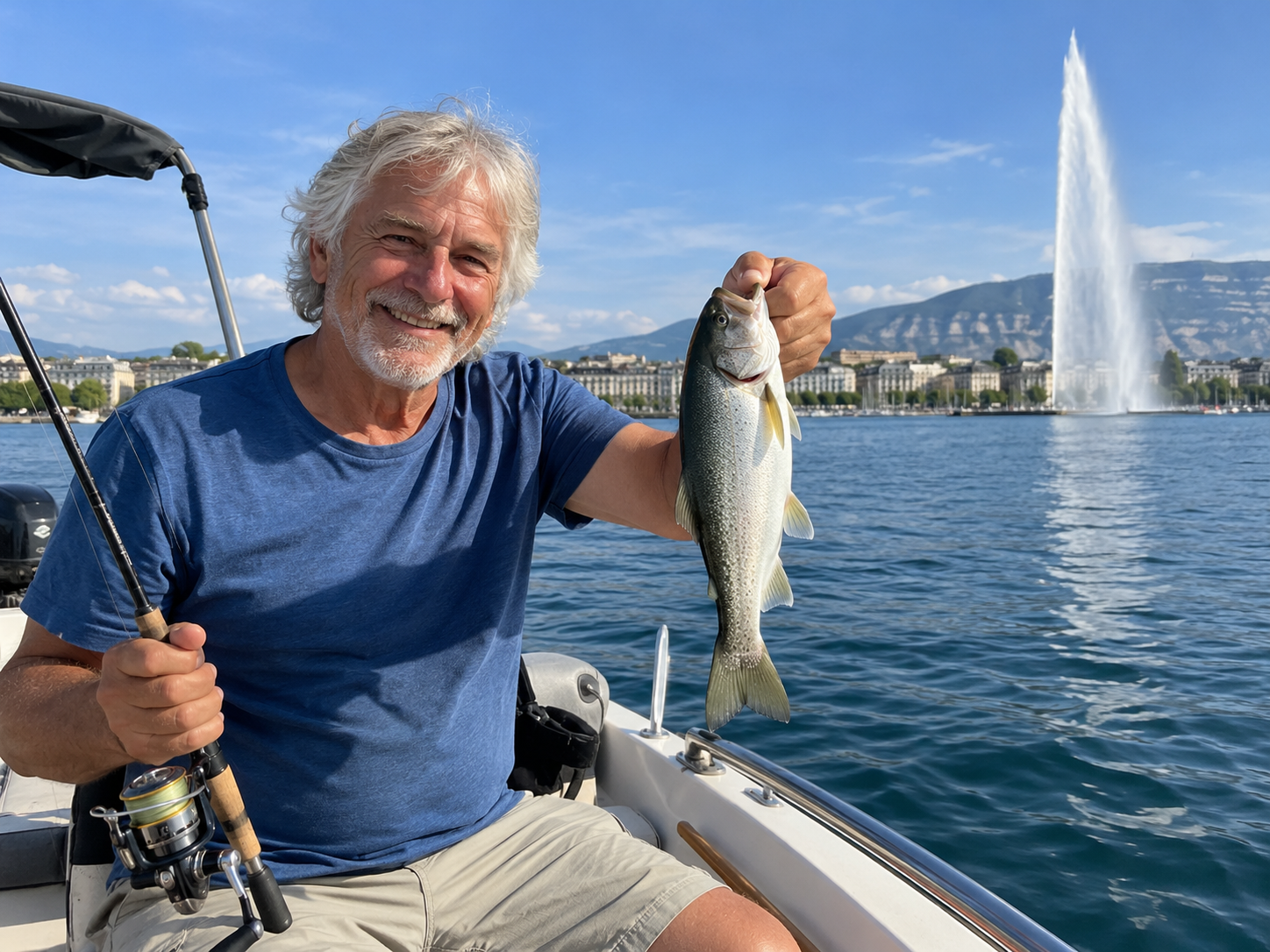 Un retraité souriant tient une canne à pêche et sa prise sur un bateau, avec le Jet d’eau de Genève à l’arrière-plan